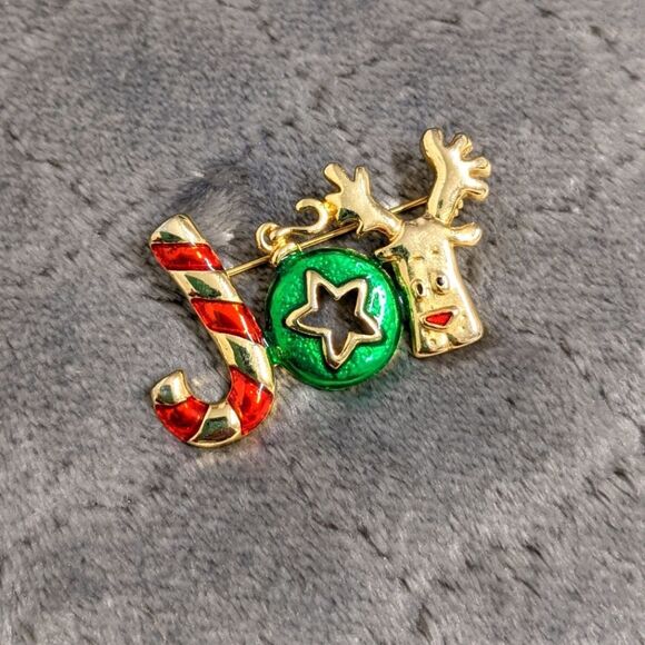 Vintage 1980's Christmas "Joy" Enameled and Goldtone Brooche - Picture 6 of 9